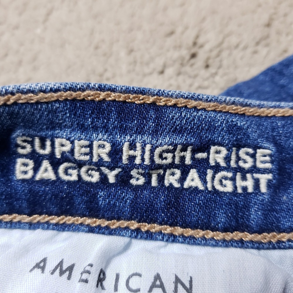 American Eagle Jeans Womens 8 Blue Super High Rise Baggy Straight Cargo Stretch - Picture 12 of 14